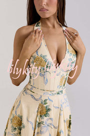 Resort Star Floral Print Waist Halterneck Tie Pocket Midi Dress