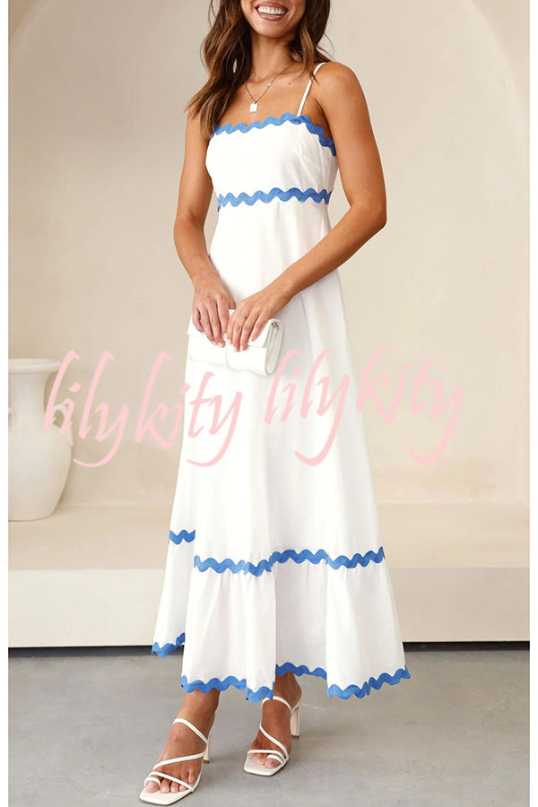 Bayside Beauty Wave Trim Patchwork Back Smocked Suspender Maxi Dress