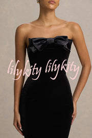 Illusion Velvet Bandeau neck Bow detail Stretch Maxi Dress