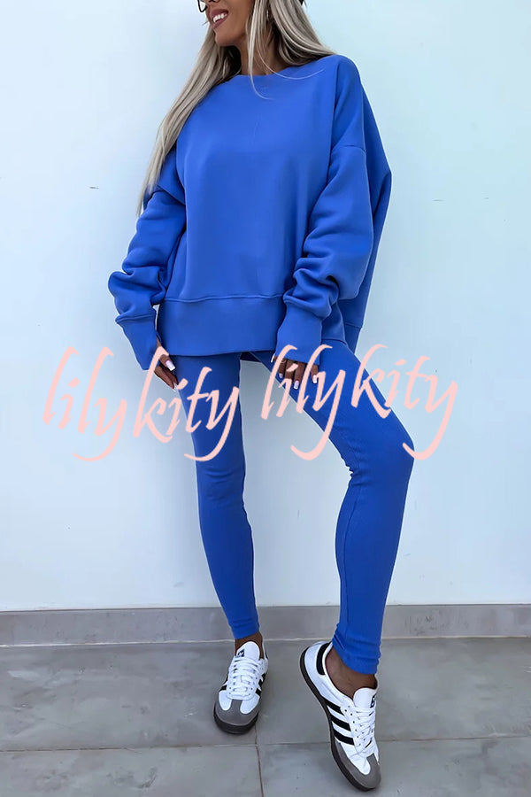 Solid Color Loose Long Sleeve SlitSweatshirt and Elastic Waist Tight Pants Set