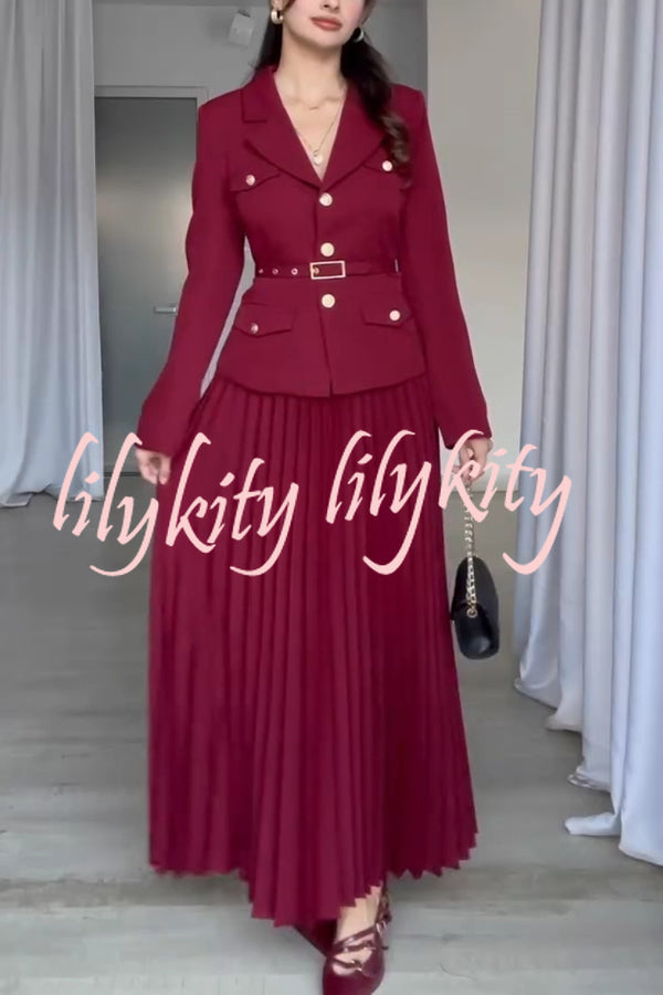 Solid Color Lapel Button Belt Blazer and Pleated Casual Maxi Skirt Set