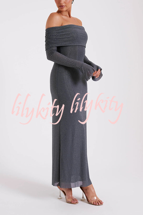 Sexy Shiny Off-The-Shoulder Long-Sleeved Fitted Maxi Dress