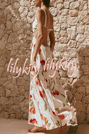 Eliska Linen Blend Poppy Print Cutout Contrast Trim A-line Maxi Dress