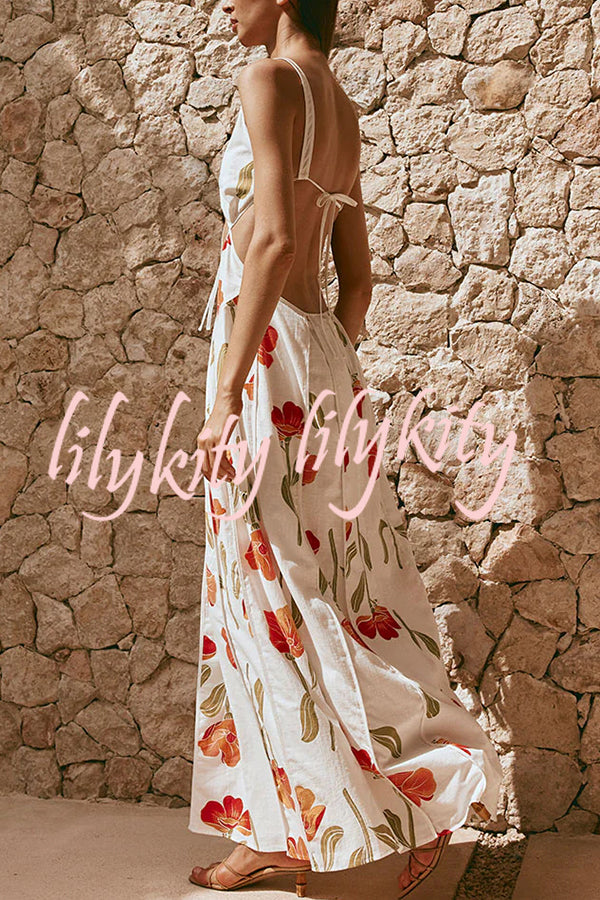 Eliska Linen Blend Poppy Print Cutout Contrast Trim A-line Maxi Dress