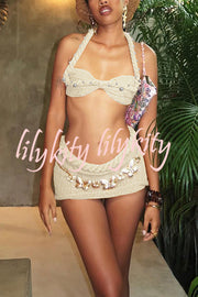 Sexy Halterneck Pearl-embellished Lace-up Tank and Fitted Knit Mini Skirt Set
