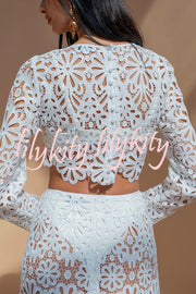 Balmy Summers Crochet Lace Floral Pattern Long Sleeve Crop Vacation Top