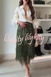 Party Crasher Layered Sequined Tassels High Rise Back Zipper Midi Skirt