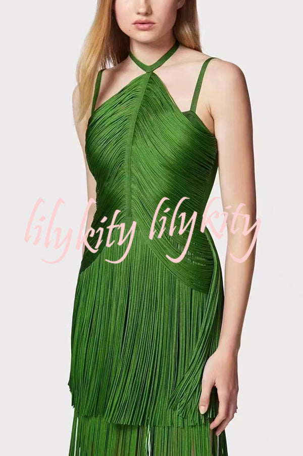 Sexy Halterneck Open Back Elegant Tassel Slim Maxi Dress