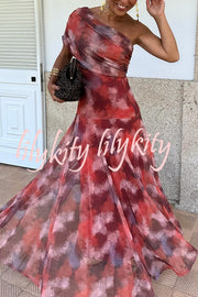Unique Printed Off-the-shoulder Waisted Holiday Maxi Dress