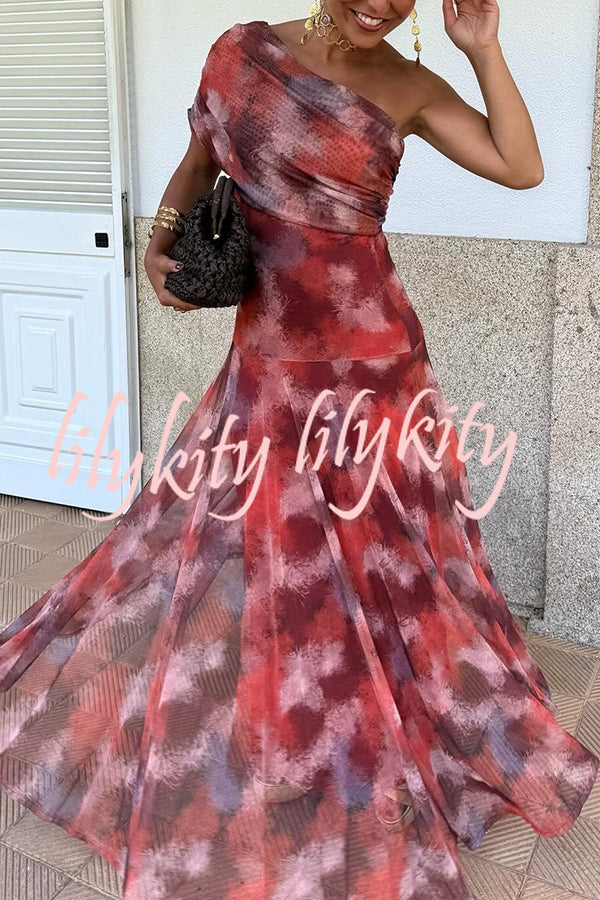 Unique Printed Off-the-shoulder Waisted Holiday Maxi Dress