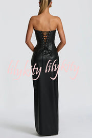 Alba Faux Leather Pleated Off Shoulder Neck Slit Stretch Maxi Dress