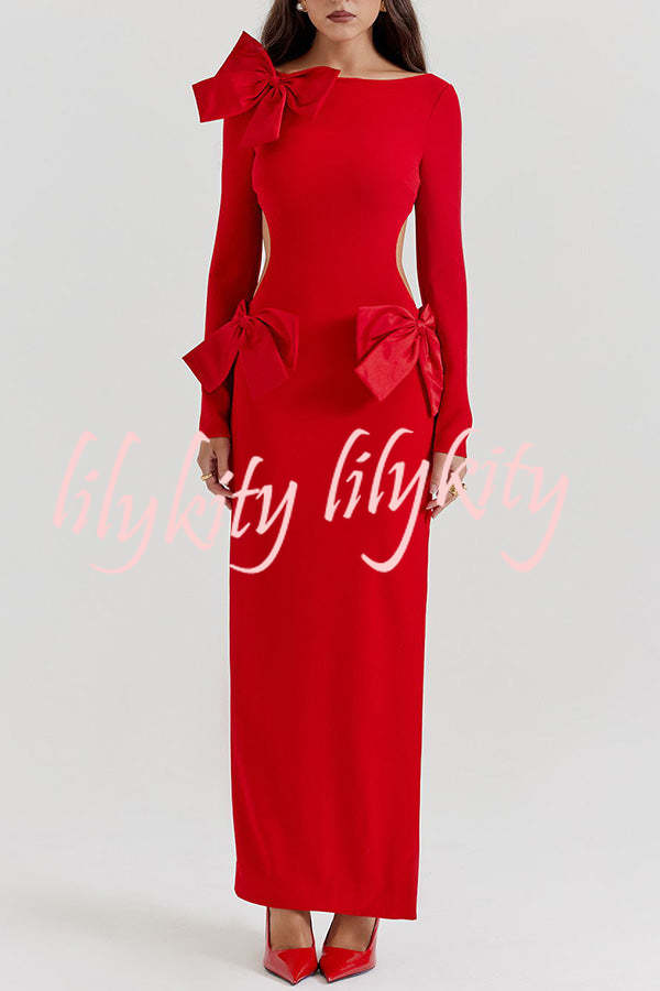 Lovely Bow Cutout Button Back Zipper Long Sleeve Maxi Dress