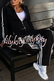 Fashionable Sports Style Striped Long-sleeved Jacket and Elastic Waist Casual Pants Set