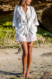 Celebrate Vacation Linen Blend Lace Splicing Tie-up Shirt and Elastic Waist Pocketed Shorts Set