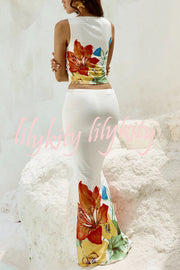 Beauty Views Abstract Floral Print Stretch Tank and Elastic Waist Maxi Skirt Set