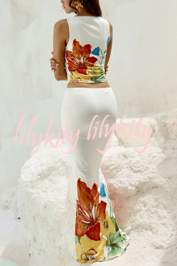 Beauty Views Abstract Floral Print Stretch Tank and Elastic Waist Maxi Skirt Set