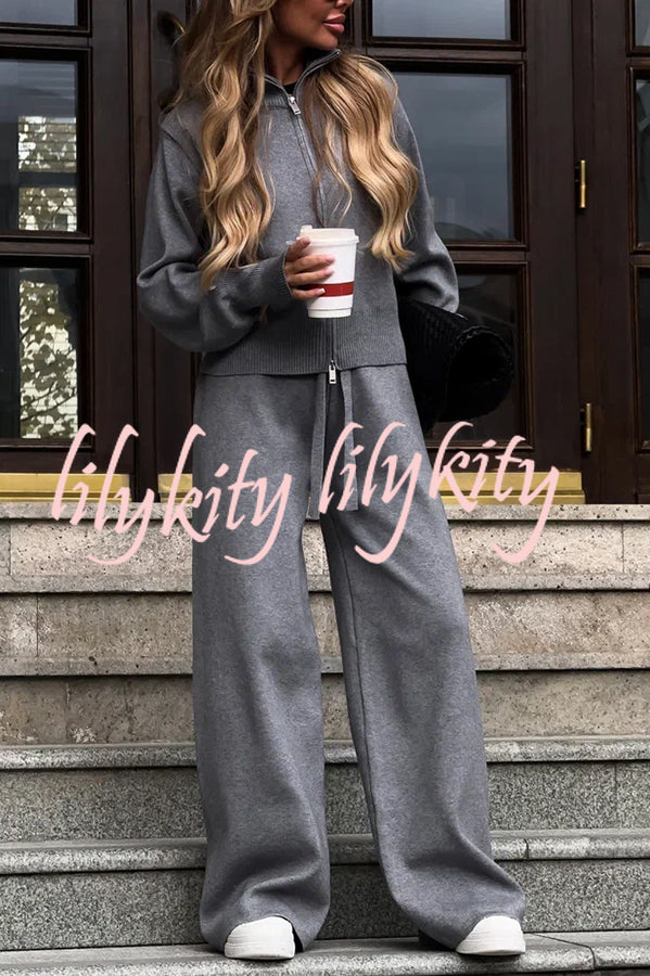 Effortlessly Stylish Ribbed Zipper High Neck Sweatshirt and Elastic Waist Pocketed Loose Pants Set