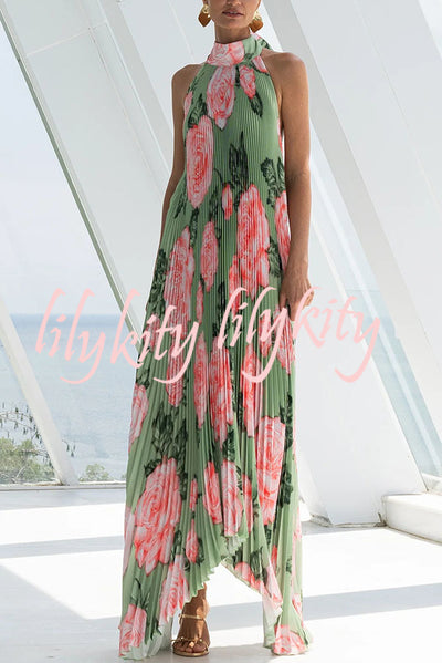 Opera Pleated Floral Halter Asymmetric Hem A-line Maxi Dress