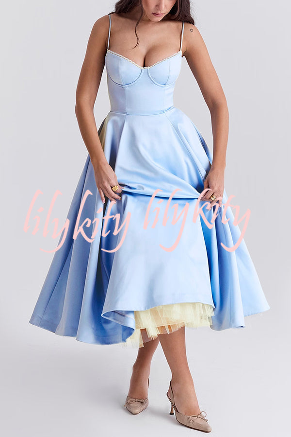 Fairytale Vibe Satin Patchwork Tulle Sweetheart Neck Pocket Stretch Midi Dress