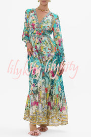 Fairy Tale Print V-Neck Lantern Sleeve Waist Maxi Dress