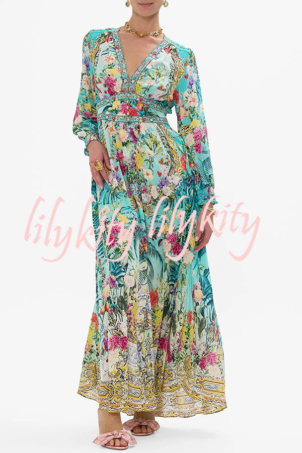 Fairy Tale Print V-Neck Lantern Sleeve Waist Maxi Dress