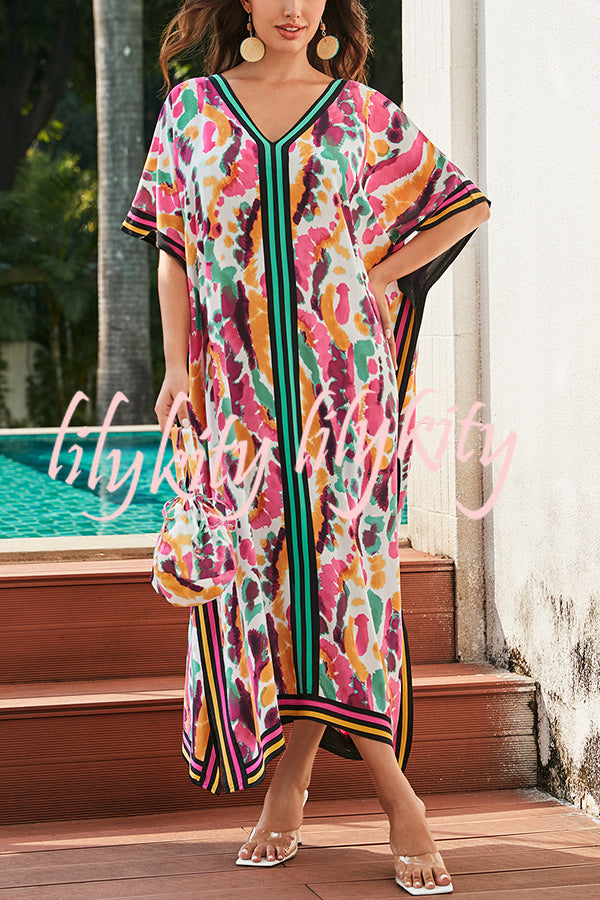 Unique Tie-dye Print V-neck Loose Holiday Cover-up Maxi Dress