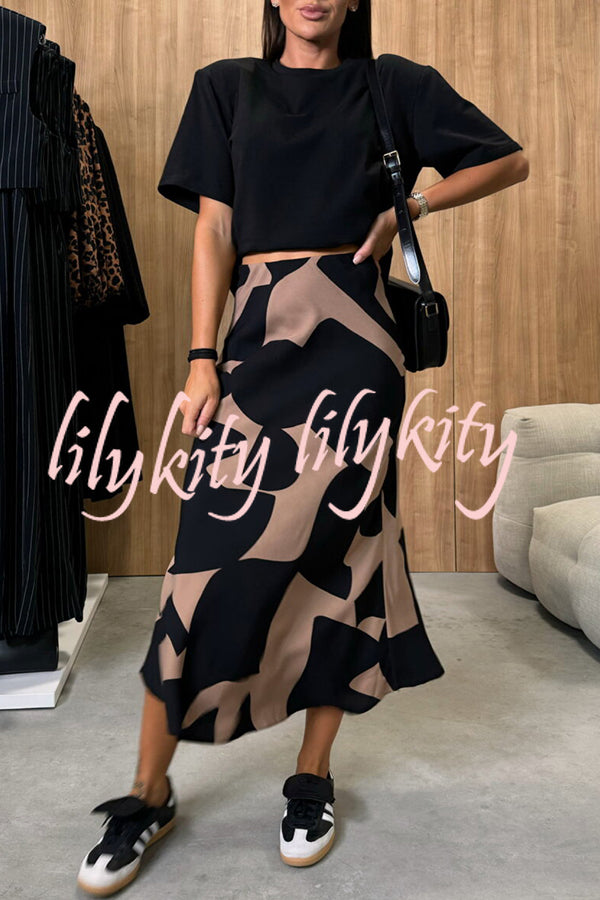 Breezy Composure Unique Print High Rise Elastic Waist Midi Skirt