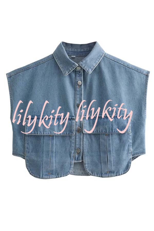 Stylish Weekend Denim Button Up Cape Sleeve Pocket Crop Top