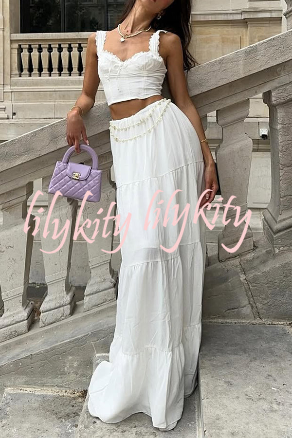 Fashionable Suspender Slim-fit Top and Elastic Waist Stitching Elegant Maxi Skirt Set