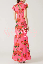 Cheongsam Style Rose Floral Print Tiered Flare Sleeve Stretch Maxi Dress