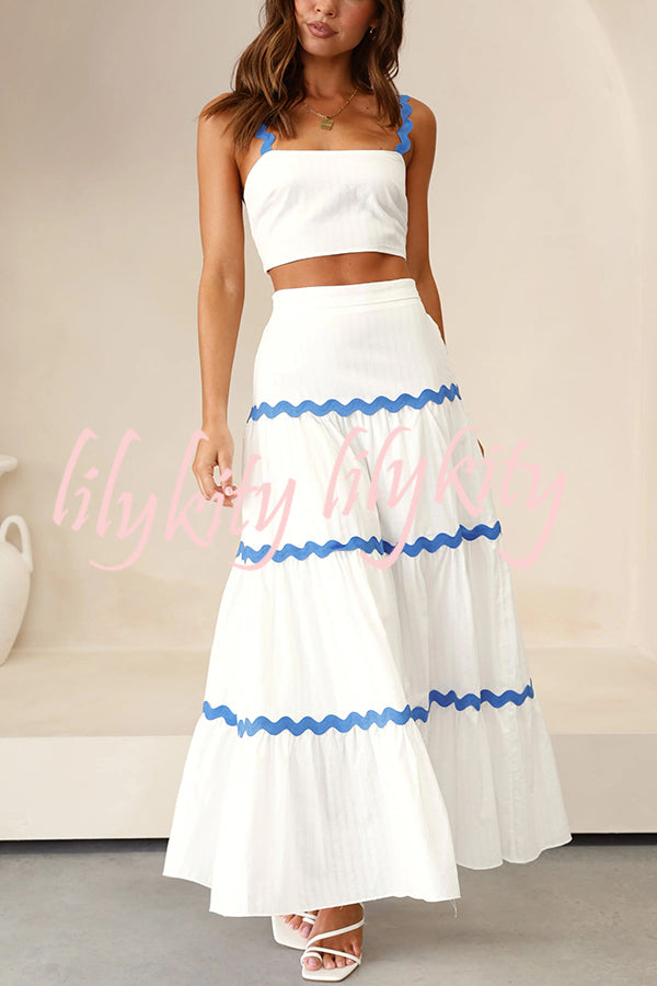 Island Beauty Wave Trim Patchwork Crop Tank and Elastic Waist Skirt Set