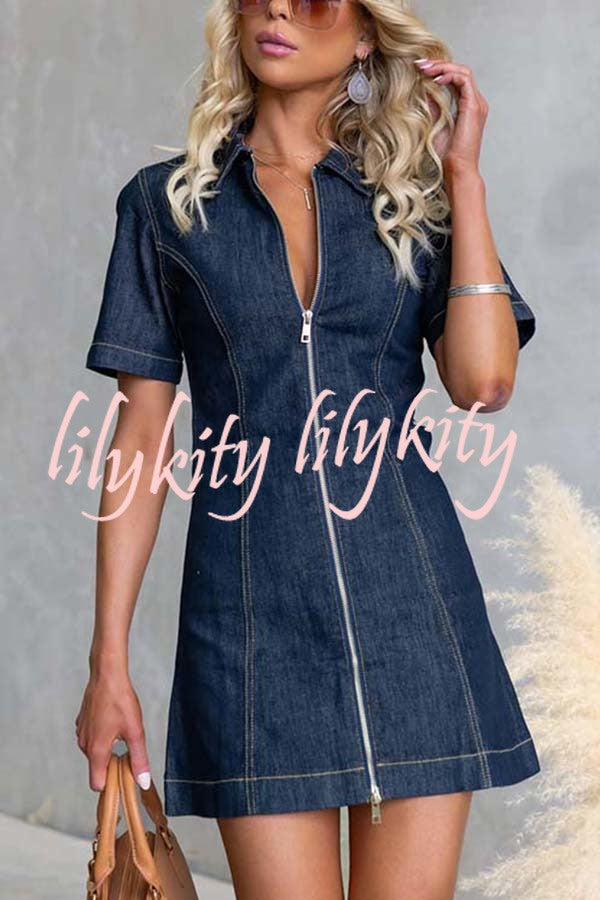 Street Chic Denim Shirt Neck Front Zip-up Stretch Mini Dress