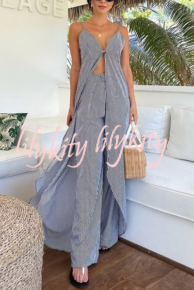 Striped Print Sleeveless Long Casual Top and Loose Straight Pants Set