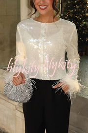 Cocktails First Sequin Button Up Long Sleeve Feather Cuff Party Top