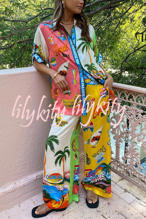 Kissed By The Sun Satin Unique Print Colorblock Button Down Oversized Blouse