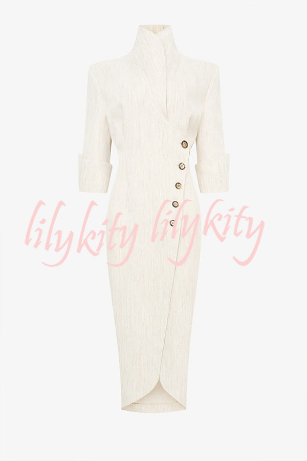 Elegant Look Linen Blend Stand Lapel Neck Half Sleeve Side Button Midi Dress