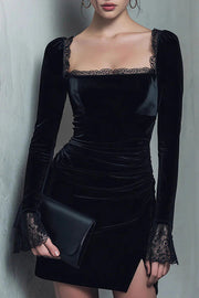 Elegant Velvet Lace-trimmed Square Neck Slim-fit Mini Dress