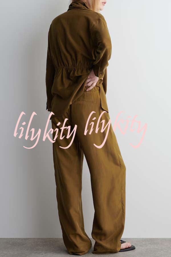 Bella Satin Drape Collar Single Button Casual Blazer and Elastic Waist Pocket Loose Pants Set