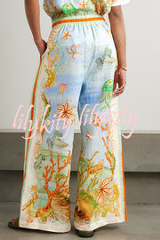 Unique Printed Lapel Short Sleeve Loose Shirt and Elastic Waist Casual Pocket Vacation Pants Set