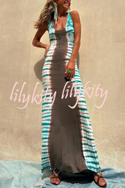 NIL Tie-dye Print Back Lace-up Stretch Maxi Dress