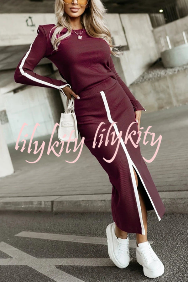 Stylish Paneled Long Sleeve Crew Neck Top and Elastic Waist Slit Midi Skirt Set