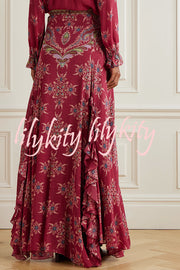 Unique Printed Chiffon Long-sleeved Loose Shirt and Elegant Ruffled Maxi Skirt Set