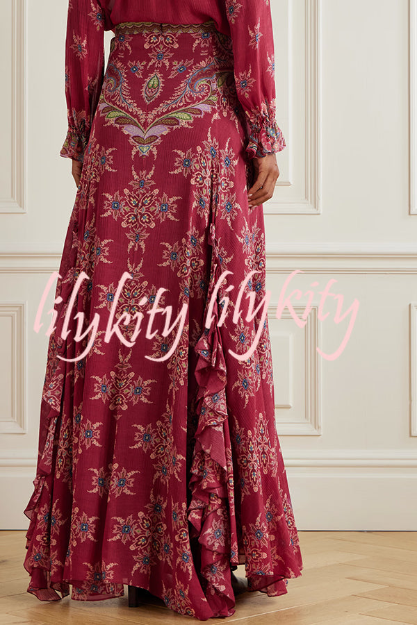 Unique Printed Chiffon Long-sleeved Loose Shirt and Elegant Ruffled Maxi Skirt Set