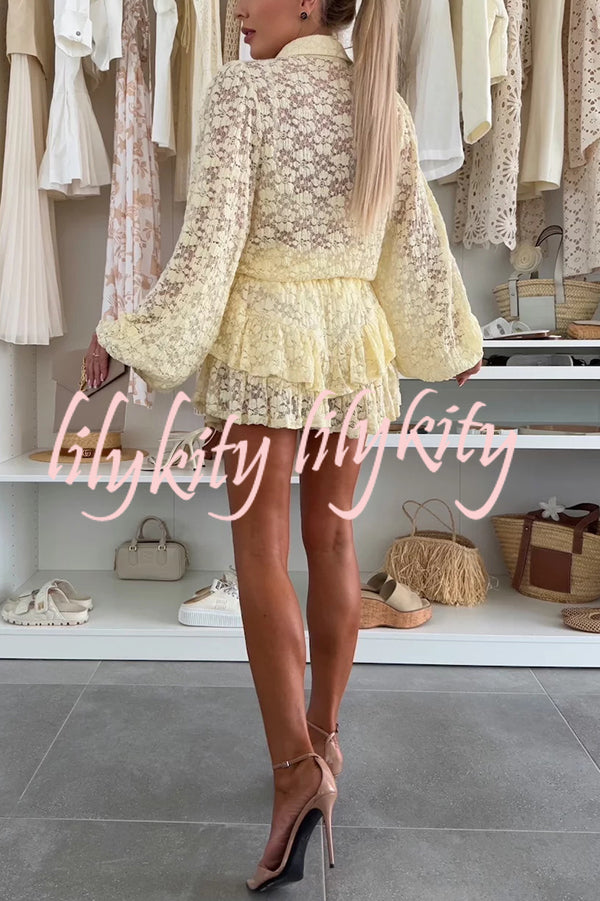 Nicola Lace Long Balloon Sleeve Blouse and Elastic Waist Layered Skort Set