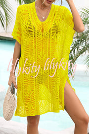 Knitted Hollow V Neck Tie Slit Cover Up