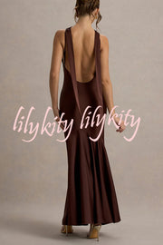 Timeless Sophistication Satin Cowl Detail Back Self-tie Halter Neck Maxi Dress