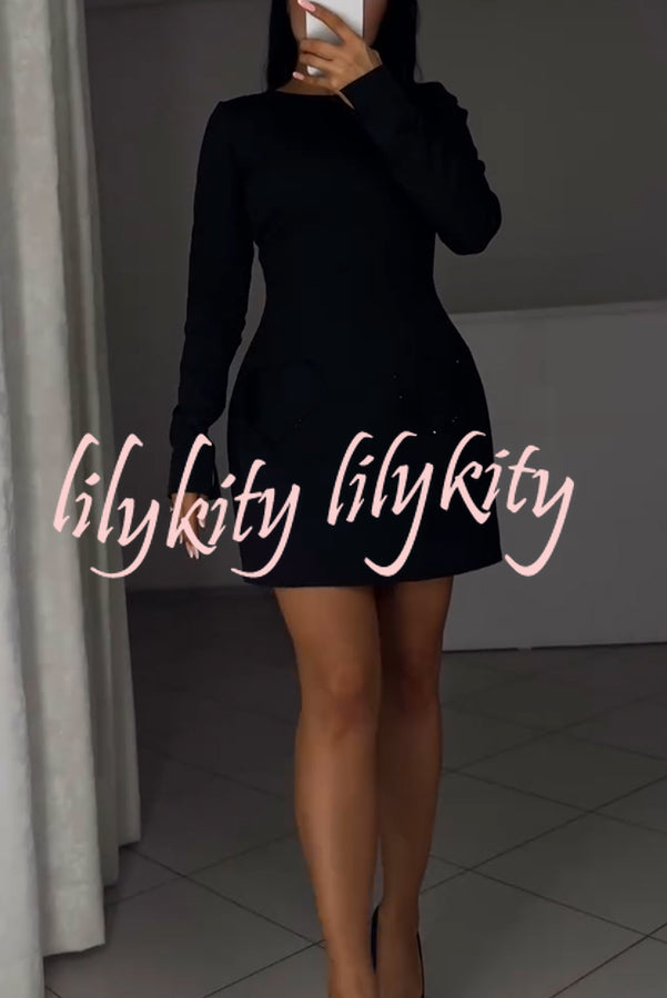 Anna Sparkling Gemstone Trim Heart Pocket Long Sleeve Mini Dress