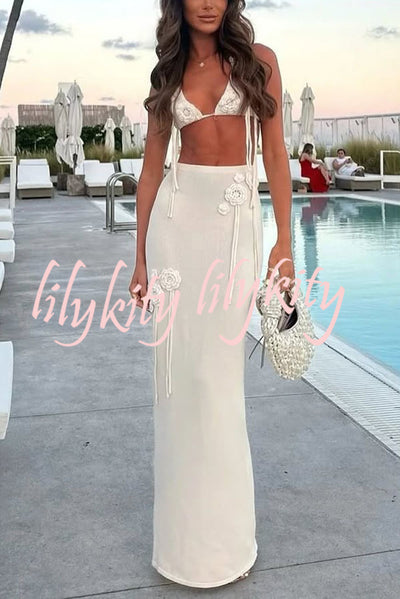 Sexy Crochet Floral Halter Top and Stretch Knit Beach Cover Up Skirt Set