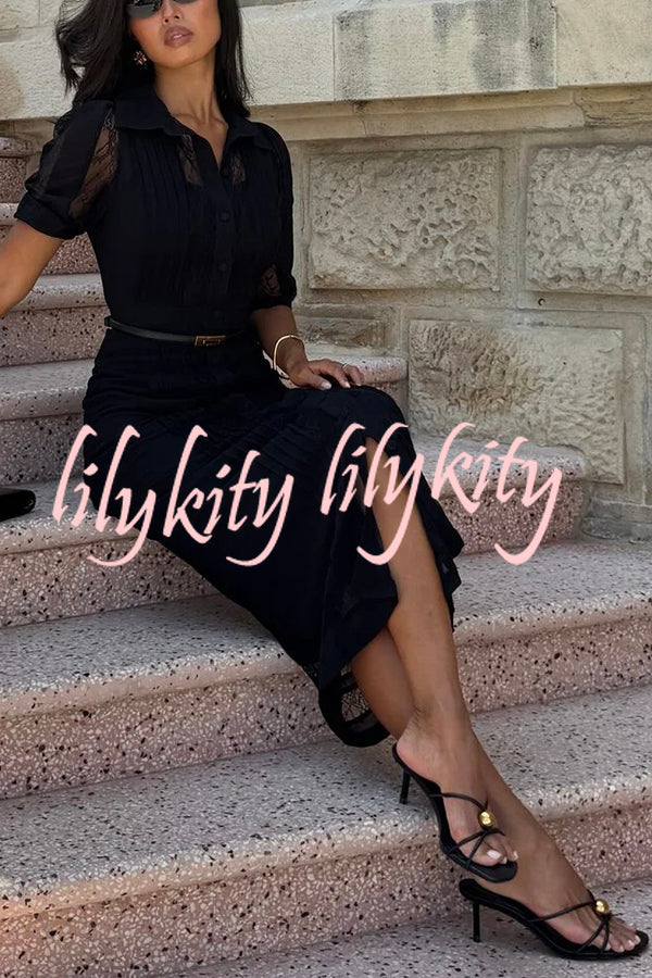 Lysette Lace Trim Pleated Button Up Short Sleeve Shirt Midi Dress