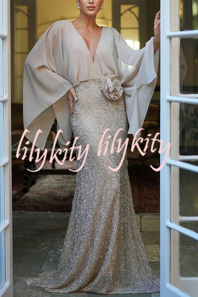 Aleina Chiffon Batwing Sleeve Flower Embroidered Waist Sequin Fabric Maxi Dress